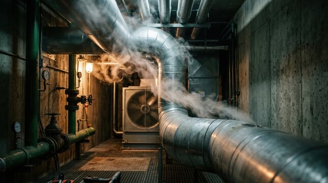 Industrial pipes leaking steam in a dark basement. Mechanical room with metal ventilation ducts and pressure valves. Infrastructure maintenance and repair concept