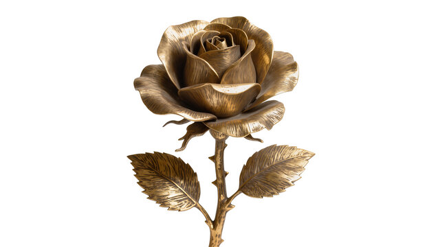 Detailed bronze rose with leaves and thorns, isolated on transparent background