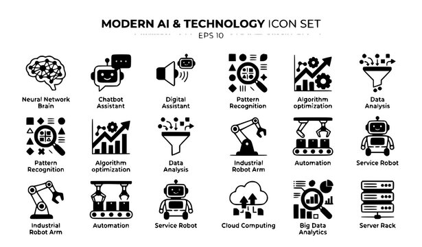 AI and robotics vector set with machine learning icons