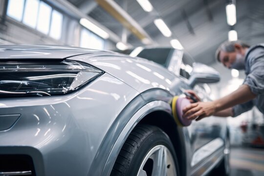 Worker using a polishing tool to buff the fender of a silver car in a brightly lit automotive workshop with a focused professional wearing a mask