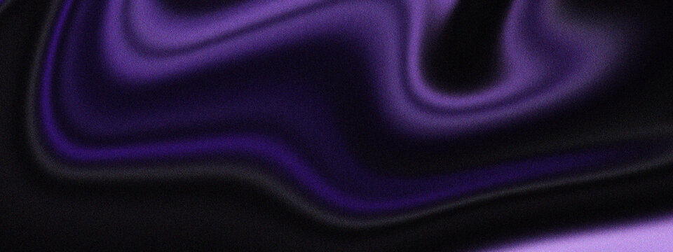 Abstract purple liquid waves on black background, luxurious silk fabric texture with flowing violet curves, elegant dark satin material backdrop, smooth metallic marble effect for web design.