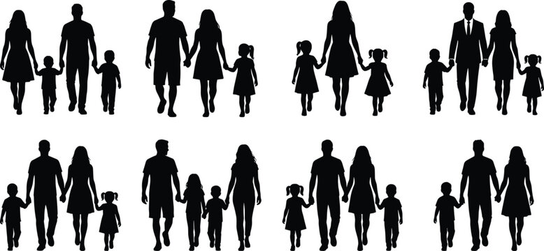 Silhouette set of diverse families holding hands and walking together on white background