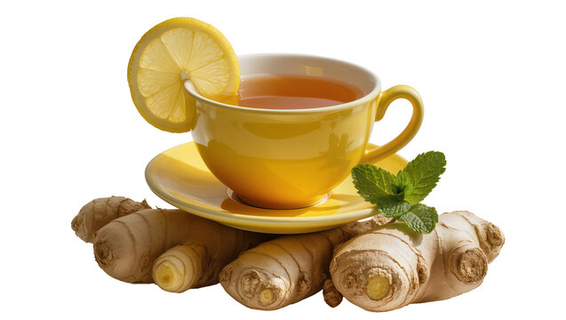 Yellow teacup with ginger tea lemon slice mint and ginger roots, isolated on transparent background