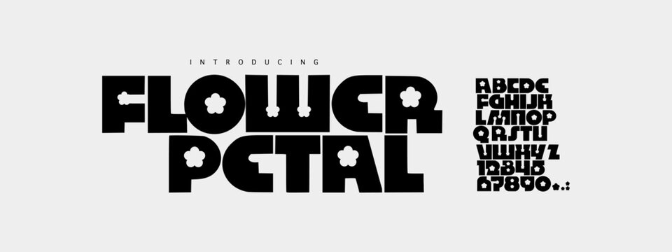 Flower Petal: A Y2K bubble font. Retro 2000s flower display typeface with pop culture cutout shapes for streetwear branding.