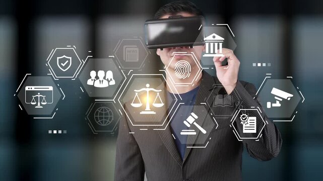 Businessman experiences virtual reality technology while exploring legal concepts through interactive graphics and futuristic elements in an office setting Gluon.