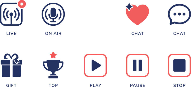 Streaming service interface icons including live air chat gift top player controls play pause stop. Vector illustration