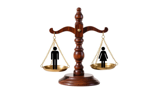Wooden balance scale with male and female figures on pans, isolated on transparent background