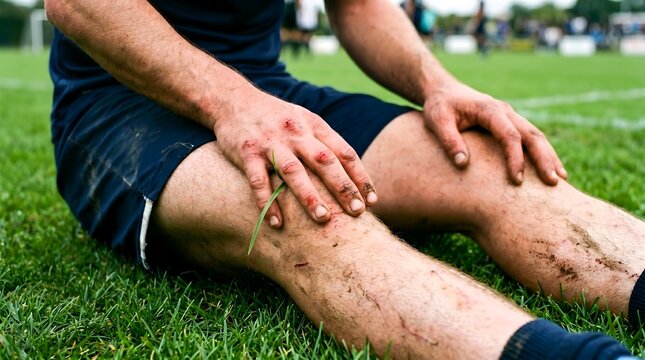 Muddy legs and scraped bloody knuckles of a rugby player sitting on green grass field