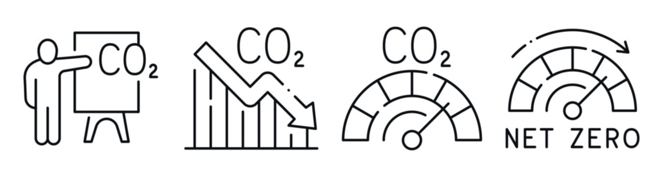 Person presenting carbon dioxide metrics with charts and gauges. Editable stroke