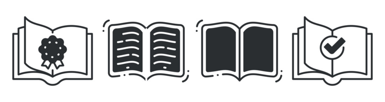 Book icons showing certification and reading on white background. Editable stroke
