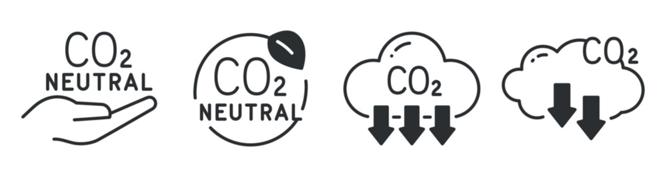 Carbon dioxide neutral icons showing emission reduction. Editable stroke