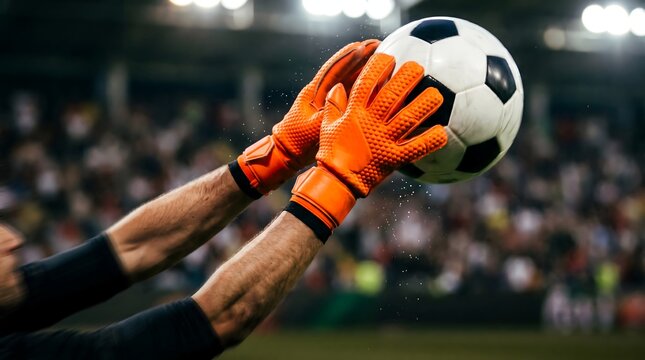 Goalkeeper catching a soccer ball during match in stadium close up hands with orange gloves