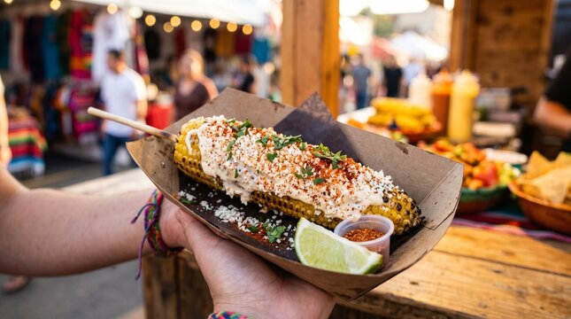 Delicious elote corn on the cob topped with creamy sauce and spices at a street food market
