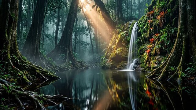 Misty Amazon rainforest creek at dawn with veil waterfall, golden god-rays and mirror-still black water &mdash; seamless 4K nature loop

