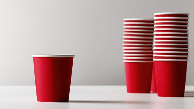 Single red paper cup standing alone on white surface with several stacked red paper cups blurred in the background representing contrast and simplicity concepts
