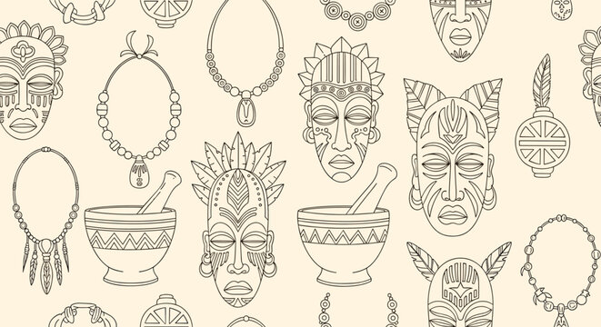 Ethnic seamless pattern with various african masks, necklaces, and traditional artifacts in a line art style on a neutral cream background.