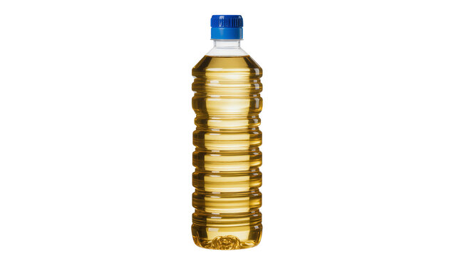 Clear cooking oil in a ribbed plastic bottle with blue cap, isolated on transparent background