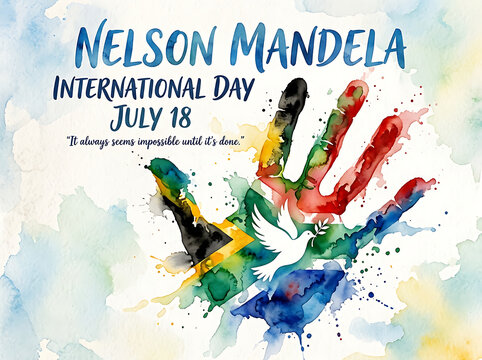 Nelson mandela international day watercolor handprint with peace dove, equality
