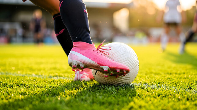 Close up of soccer player in pink boot kicking ball on green grass field during sunset game