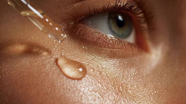 Slow macro motion of a serum droplet landing on a cheek and spreading; realistic skin movement, surface tension and soft luminous reflections.