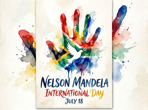 Nelson mandela international day vertical poster with colorful watercolor hand