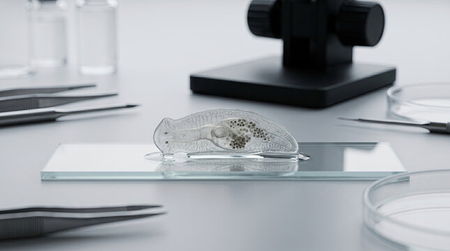 Transparent Flatworm Parasite Specimen on Microscope Slide During Laboratory Biological Analysis