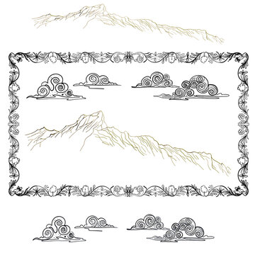 set of vintage frames,Vintage Asian style landscape vector element and ornamental frame set