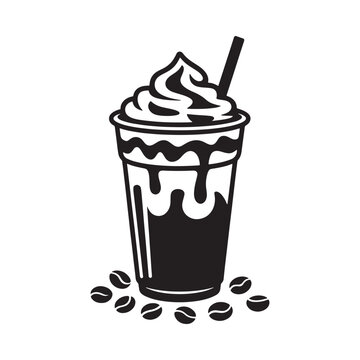 Iced Coffee Drink With Whipped Cream And Coffee Beans Black Silhouette