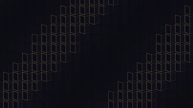 Dark abstract geometric background with moving gold wireframe wave