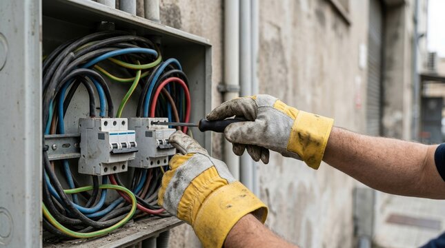Electrician hands repairing an electrical panel with a screwdriver. Professional technician in protective gloves working on circuit breakers. Maintenance and installation of power supply system
