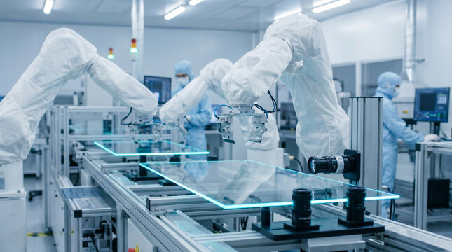 Robotic arms handle glass substrates in a cleanroom during the modern LCD screen manufacturing process. High-tech industrial commercial stock photography of LCD automation.