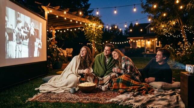 Friends enjoying a cozy outdoor movie night under string lights