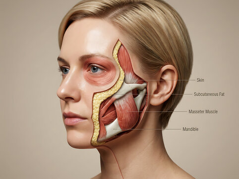 Female face cross section showing skin fat muscle and bone layers anatomy subcutaneous