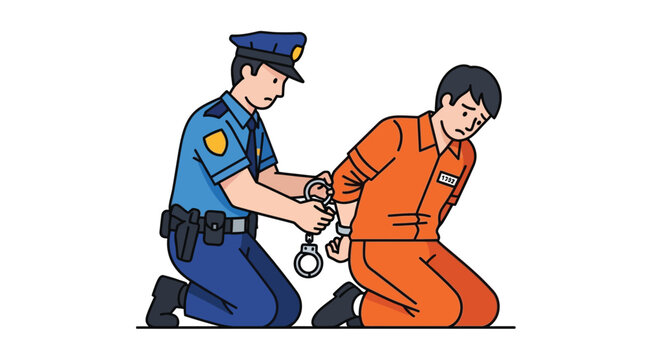 Vector illustration of police officer arresting suspect in orange jumpsuit black silhouette arrest prisoner detention law enforcement security justice criminal