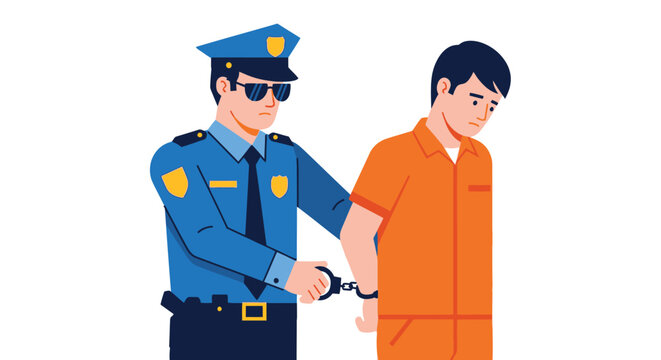 Police officer arresting suspect in flat vector illustration depicting law enforcement and justice as a silhouette arrest security authority detention