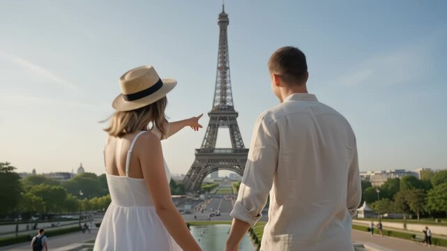 Young couple holding hands walking towards view of Eiffel Tower Paris, travel concept, 4k.
