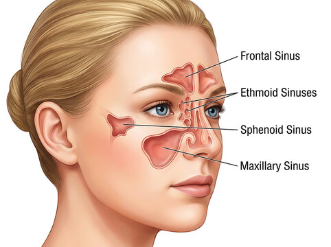 Female face sinus anatomy illustration with labels medical