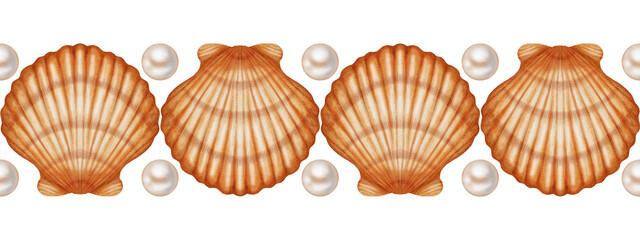 Seamless watercolor border with seashells and pearls. Hand drawn marine illustration of scallops, pearls. Children's, nautical, travel themes. Suitable for design, prints, postcards, sea travel © Elli