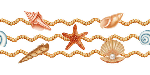 Watercolor marine seamless border with sea shells, starfish, and green seaweed on a wavy rope background. Children's, nautical, travel themes. Suitable for design, prints, postcards, sea travel © Elli