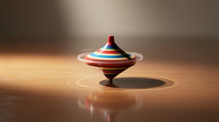 Fototapeta premium Colorful Striped Spinning Top in Motion on Wooden Surface