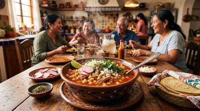 Family enjoying a traditional Mexican pozole meal together at a rustic wooden table