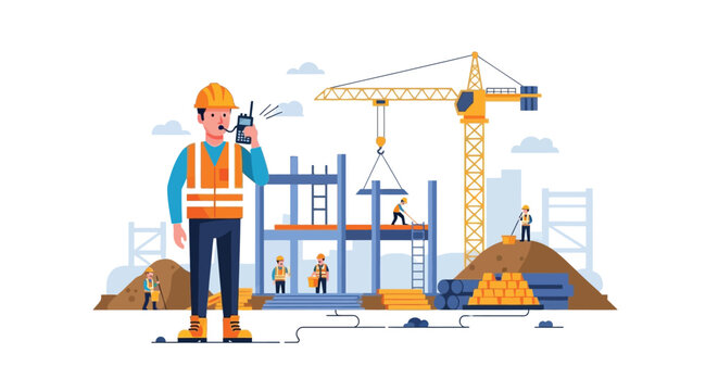 Construction worker communicating on radio at building site vector illustration with silhouette man person laborer builder foreman engineer walkie talkie communication