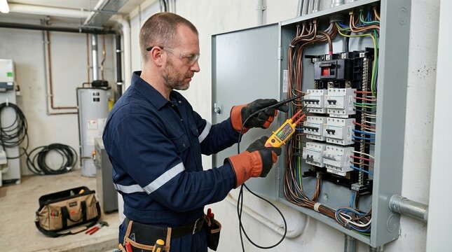 Electrician testing voltage in an electrical panel. Professional male technician in uniform and safety gear inspecting circuit breaker box. Electrical maintenance and repair service