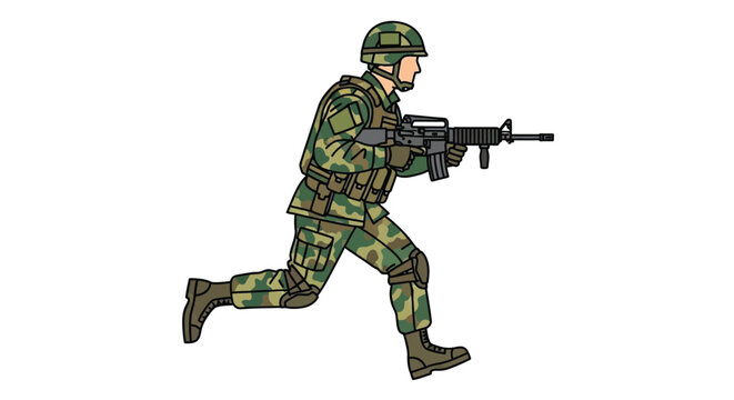 Soldier in camouflage uniform with rifle running forward flat vector illustration silhouette military army combatant trooper infantry personnel pattern green