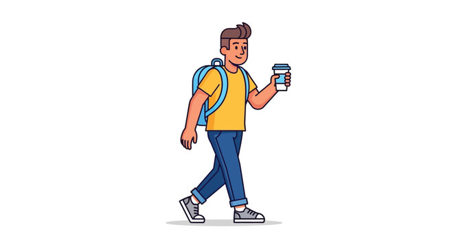 A young man with backpack and coffee cup walking colorful vector illustration silhouette male person youth adult walking ambulation stride