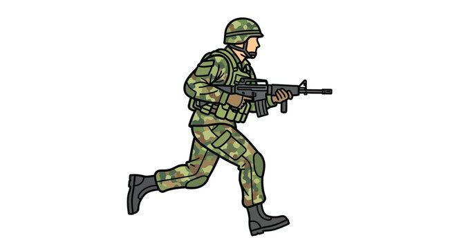 Soldier in camouflage uniform holding rifle side view flat vector illustration silhouette military army combatant trooper rifle weapon firearm assault