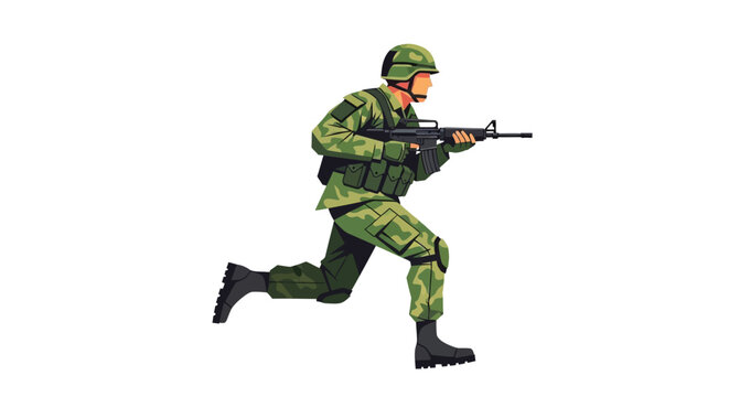 Soldier in combat gear running with rifle flat vector illustration military silhouette army personnel trooper infantry rifle weapon firearm assault