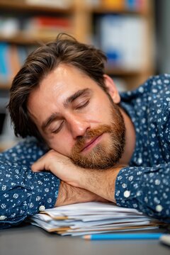 Copy editor sleeping on stack of blank paper at desk in office