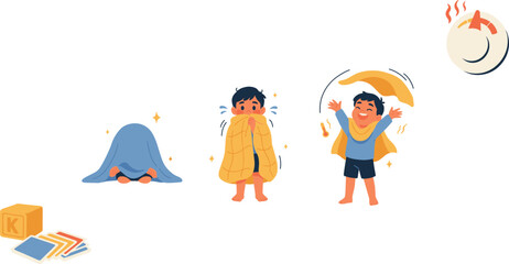 Fototapeta premium Cute Little Boy Character Waking Up and Playing with Blanket Vector Illustration Set for Morning Routine and Childhood Concept Design
