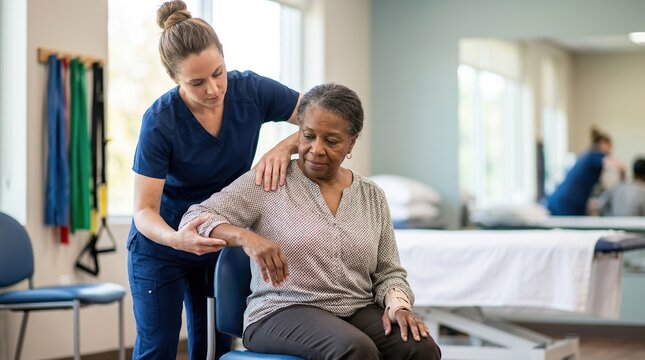 Physical therapist assisting elderly woman with arm exercises in a clinic. Senior African American patient receiving rehabilitation treatment. Healthcare and recovery support for seniors